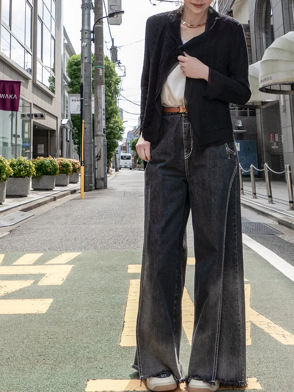 Washed Black Extra Wide Leg Flowy Logo Embroidery Jeans