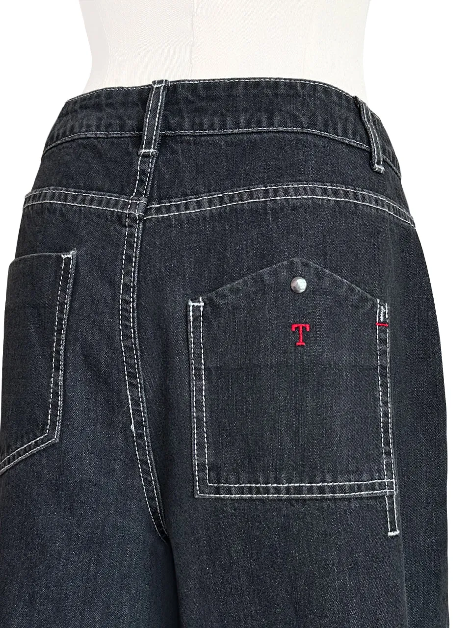 Washed Black Extra Wide Leg Flowy Logo Embroidery Jeans