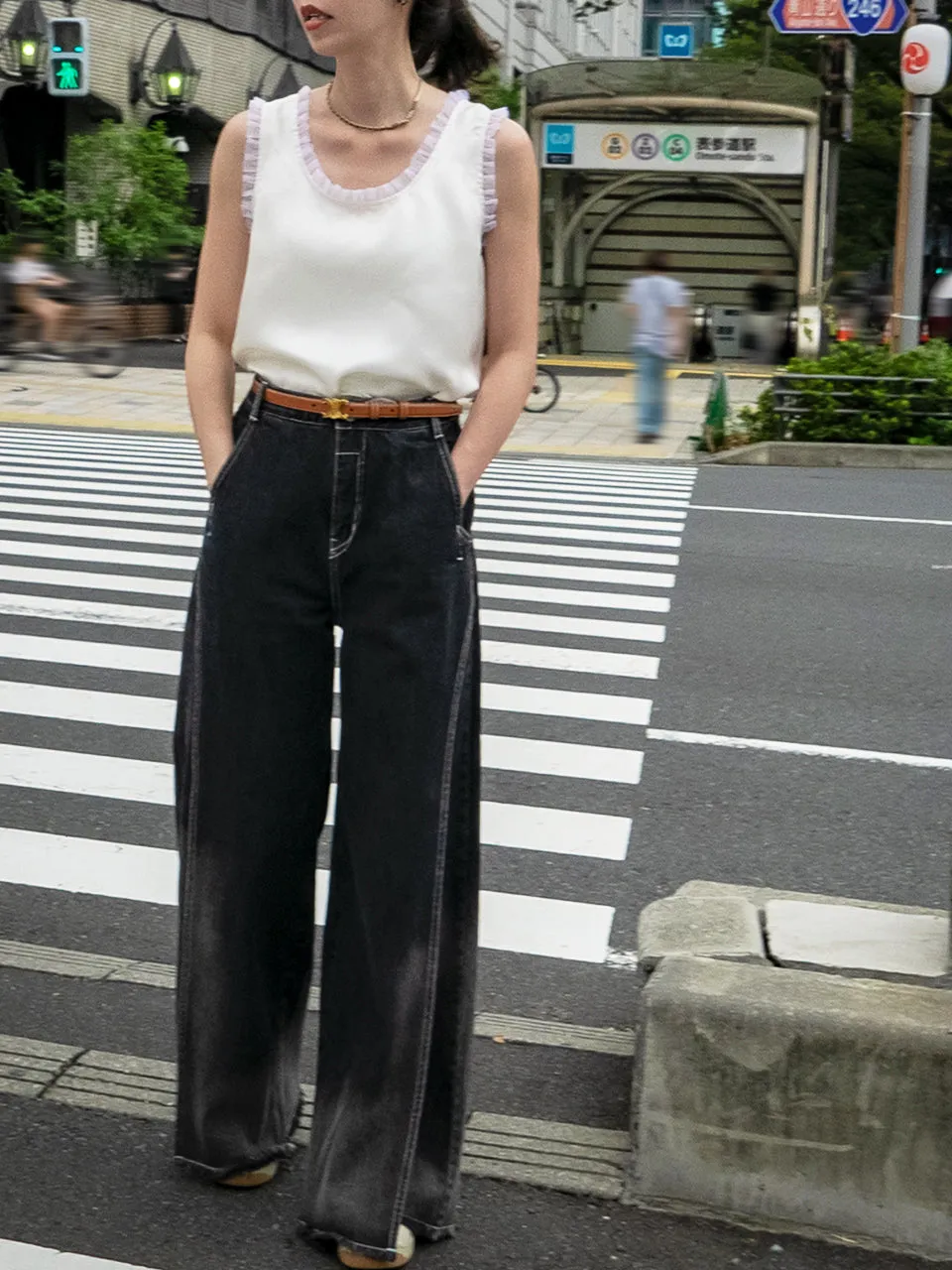 Washed Black Extra Wide Leg Flowy Logo Embroidery Jeans