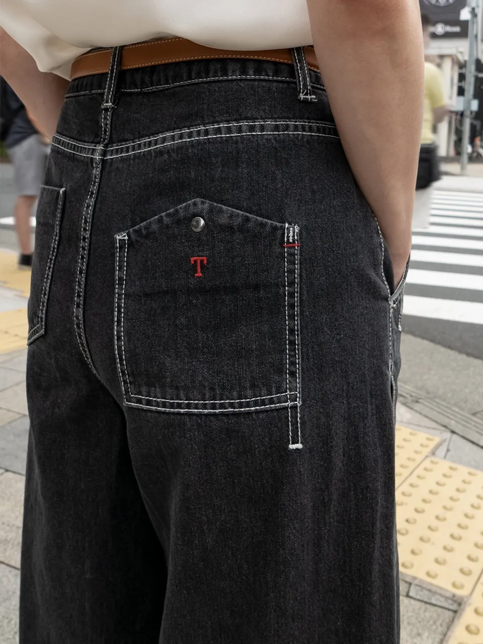 Washed Black Extra Wide Leg Flowy Logo Embroidery Jeans