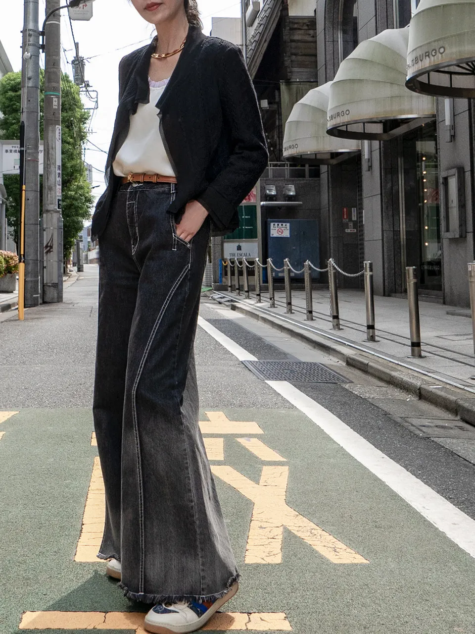 Washed Black Extra Wide Leg Flowy Logo Embroidery Jeans