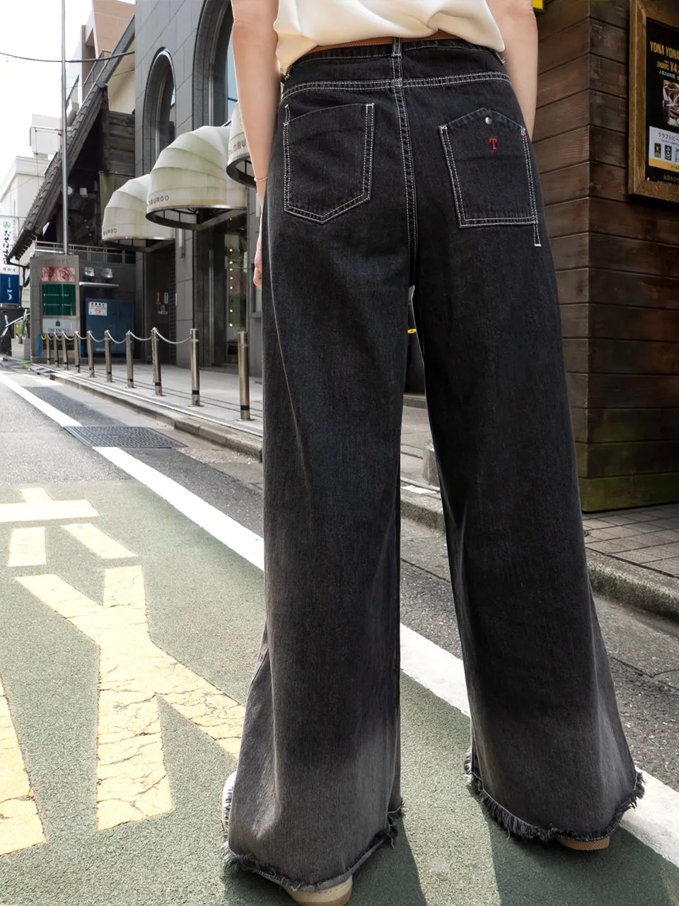 Washed Black Extra Wide Leg Flowy Logo Embroidery Jeans
