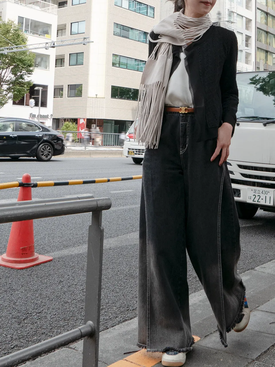 Washed Black Extra Wide Leg Flowy Logo Embroidery Jeans
