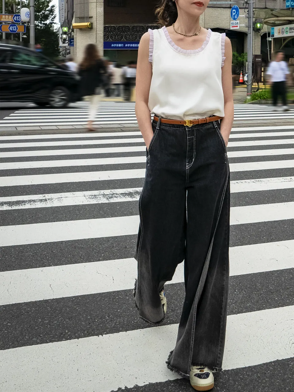 Washed Black Extra Wide Leg Flowy Logo Embroidery Jeans
