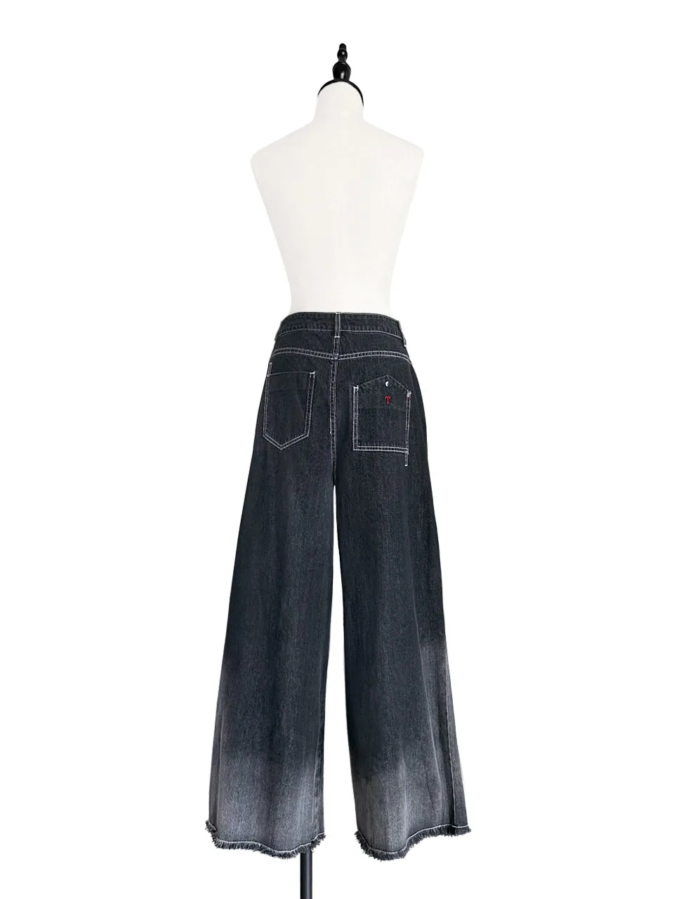 Washed Black Extra Wide Leg Flowy Logo Embroidery Jeans