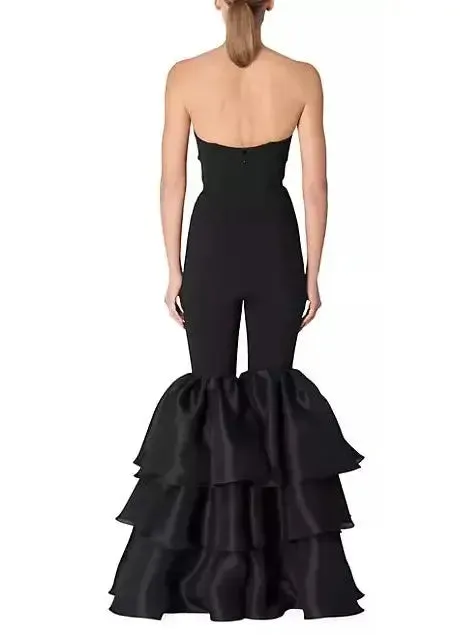 Women’s Black Strapless Ruffled-Leg Jumpsuit