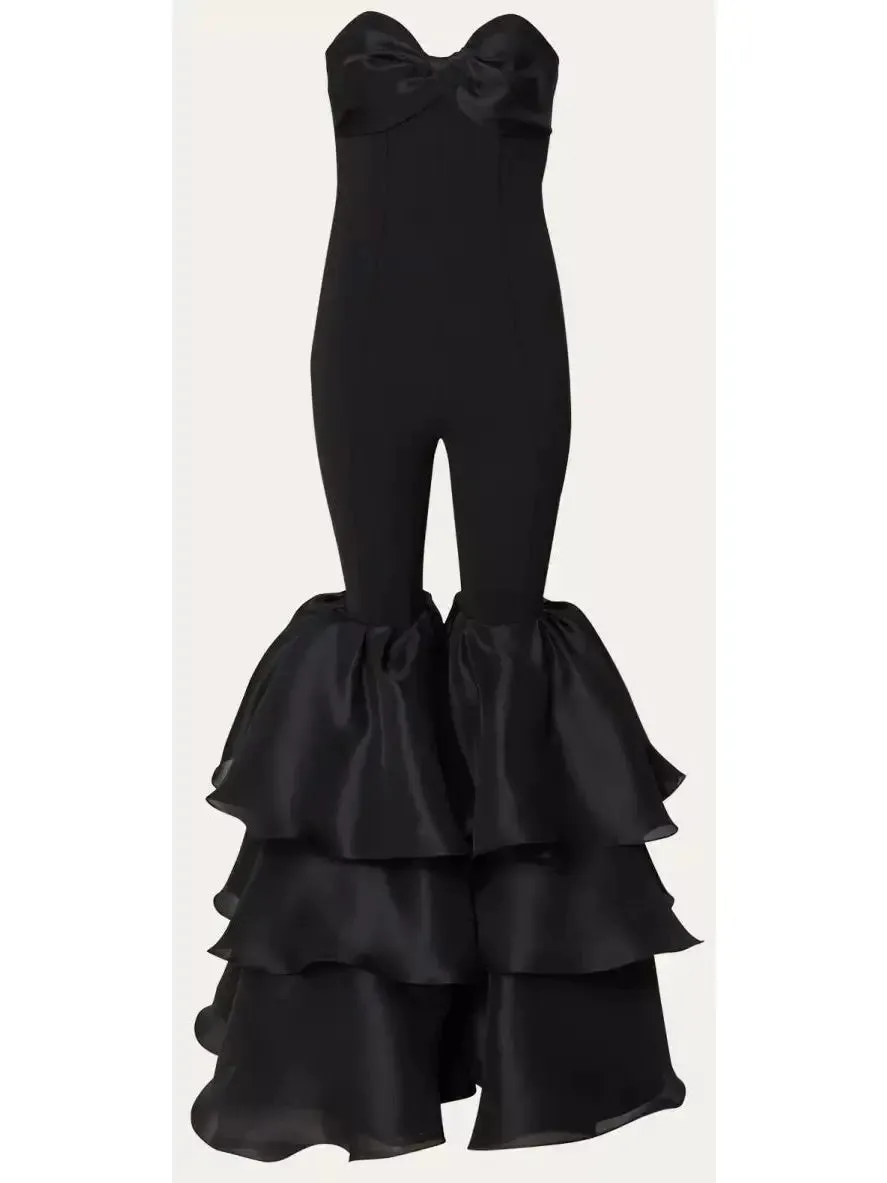 Women’s Black Strapless Ruffled-Leg Jumpsuit