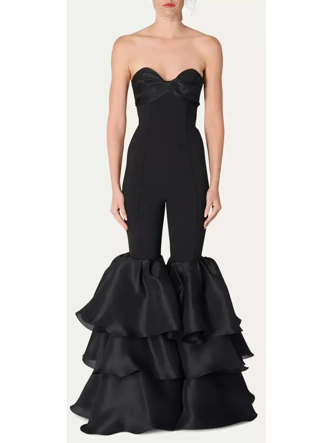 Women’s Black Strapless Ruffled-Leg Jumpsuit