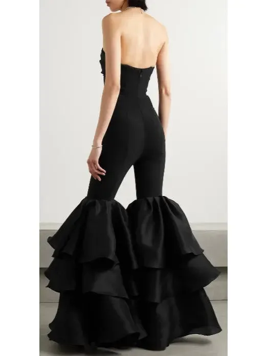Women’s Black Strapless Ruffled-Leg Jumpsuit