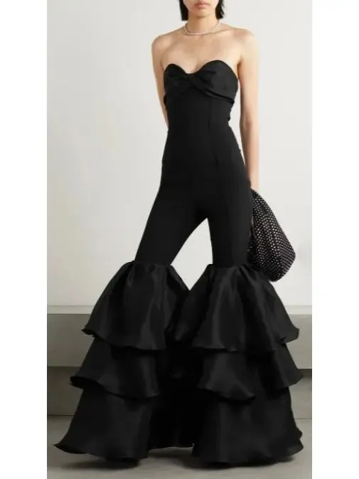 Women’s Black Strapless Ruffled-Leg Jumpsuit