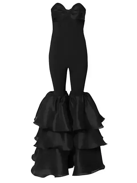 Women’s Black Strapless Ruffled-Leg Jumpsuit